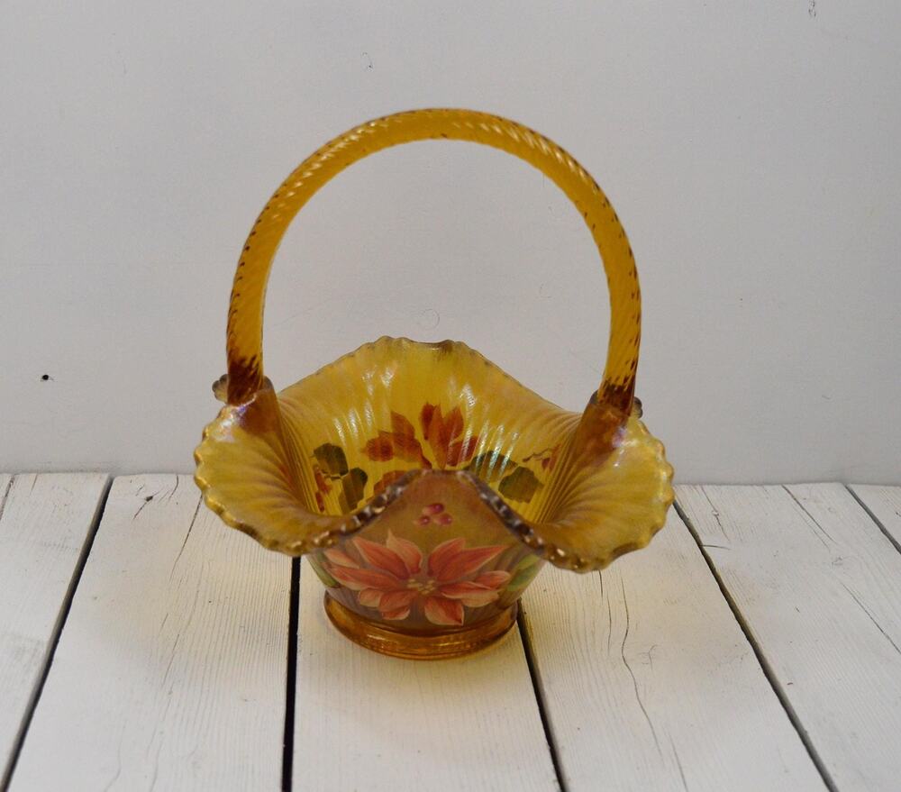 Vintage Fenton Amber Carnival Glass Basket, Christmas Poinsettia